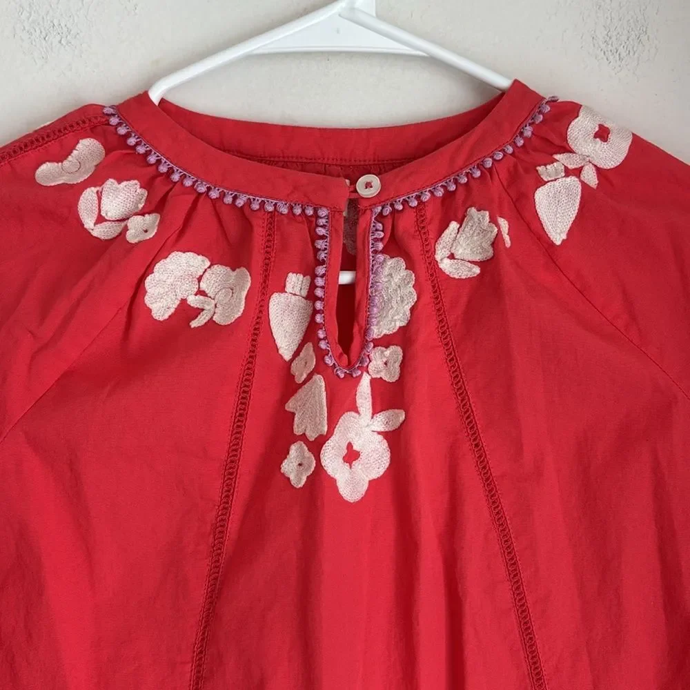 Boden mini girls Red/coral Embellished  embroidered Pom Pom 3/4 Sleeve dress 8/9